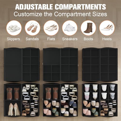Shoe Organizer for Closet, 2-Pack Foldable Shoe Storage Box with Adjustable Dividers & Clear Cover, Fits 16 Pairs, Black, Durable and Space-Saving - Image 2