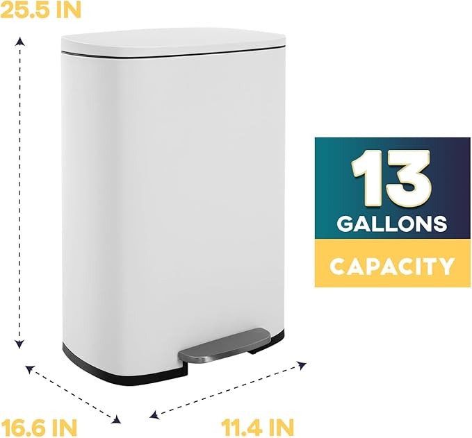 FDW | 13 Gallon Trash Can with Lid | White | Fingerprint-Proof | Made of Brushed Stainless Steel | Soft-Close Step Pedal | Hands-Free Use | Easy to Clean | for Kitchen, Office, Bathroom