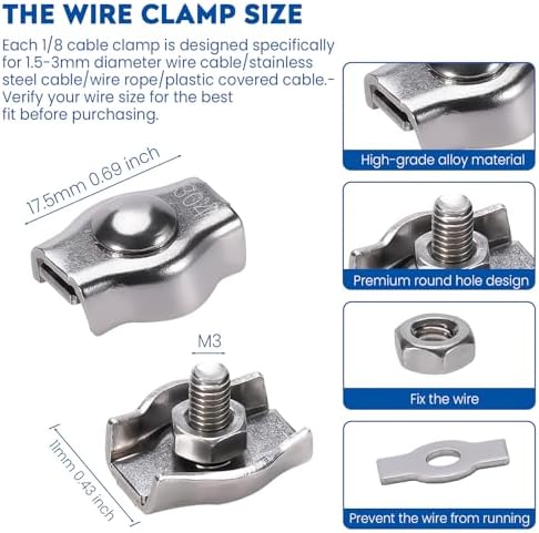 8Pcs 1/8 Inches M3 Cable Clamps, 4 Pcs Duplex Double Bolt Cable Clamps + 4 Pcs Simplex Single Bolt Wire Rope Clips for 1/8Inch (1.5mm-3mm) Diameter Wire Cable/Wire Rope, Wire Clamp Tool for Outdoors - Image 4