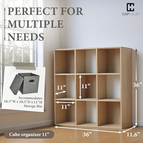 CAPHAUS Sturdy Room 11-Inch Cube Storage Organizer Shelf, with Thick Exterior Edge, Storage Shelf Divider w/Back, Bookcase, 9-Cube, Natural Oak - Image 3