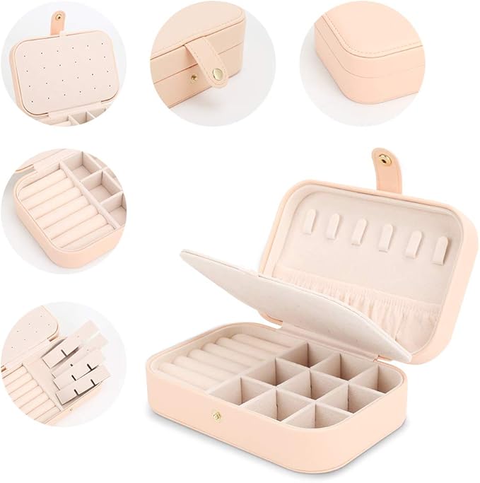 FEISCON Travel Jewelry Case Jewelry Organizer Box with Two Layer Portable Small Jewelry Storage Case Accessories Holder/Pink