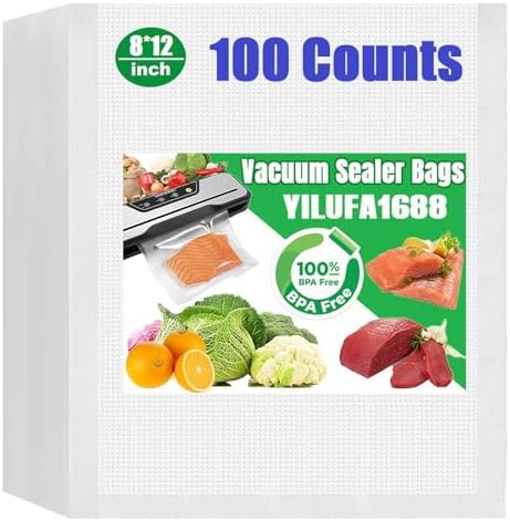 100 Pack Vacuum Sealer Bags for Food Saver - PreCut 8"x12", Commercial Grade BPA Free, 6X Freshness Airtight Food Storage Bags for Freezer & Sous Vide, Fits All Clamp Machines by YILUFA1688