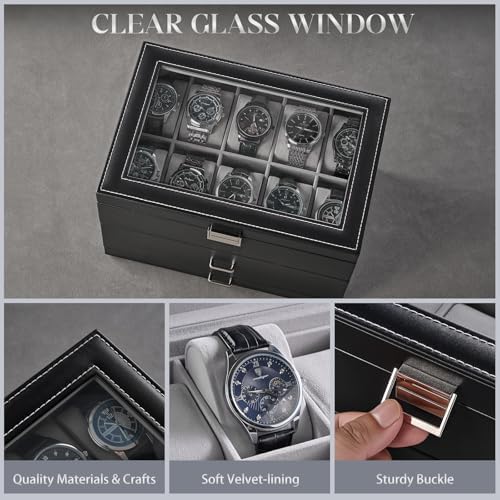 ProCase 3-Layer Watch Box with Glass Lid for Men, 20-Slot, Black - Image 5