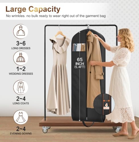 MISSLO 65" Long Garment Bags for Travel for Women 4" Gusseted Dress Bags for Gowns Waterproof Dress Protector Bag for Closet Storage Clothing Covers for Hanging Clothes Wedding Dresses Storage - Image 3