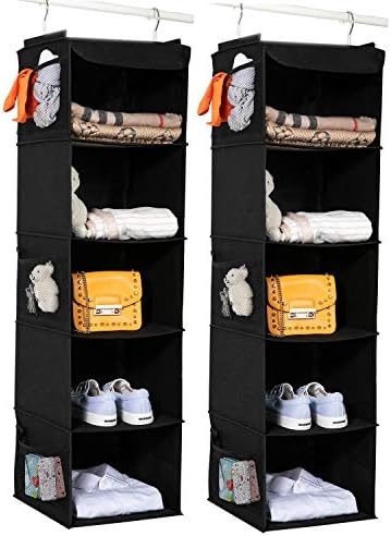 BrilliantJo 2 Pack Hanging Closet Organizer, 5 Shelves Hanging Storage with 6 Side Pockets for Clothes Shoes, 43"x12"x12"(Black) by BrilliantJo