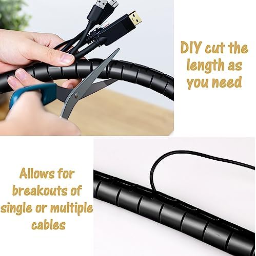 Large PC Cable Management Tube Sleeve Under Desk Wire Organizer for Cords 2 PCS Black, 1.1 inch -5 ft EZ Spiral Cable Wrap Cover Bundler w/Clips for TV Office, Pet Proof Cable Protector - Image 6