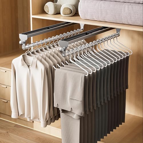 2 Pack Pull Out Closet Rod, 13.7inch Heavy Duty Pants Rack, Adjustable Clothes Hanger Rail, Space Aluminum Valet Rod, Top Mounted Wardrobe Clothes Organizer, Closet Storage for Trousers Coats Gray by CICUFYOfficial