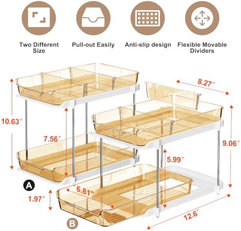 Delamu 2-Tier Multi-Purpose Bathroom Under Sink Organizers and Storage, Stackable Kitchen Pantry Organization, Pull Out Medicine Cabinet Organizer with Movable Dividers, Golden, 2 Pack - Image 2