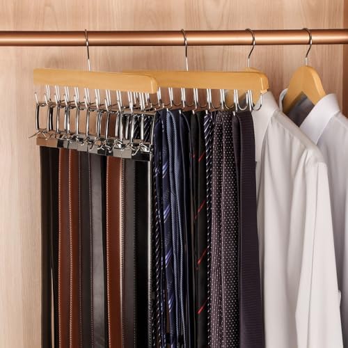 TOPIA HANGER 2 in 1 Belt Tie Hanger for Closet Max 30 Belts with 30 Ties Capacity, 20 Hooks Belt Tie Racks Wooden Hanger for Closet Organizer Storage Space Saving “U” Fit Belt and “一” Fit Tie - CT47N - Image 5