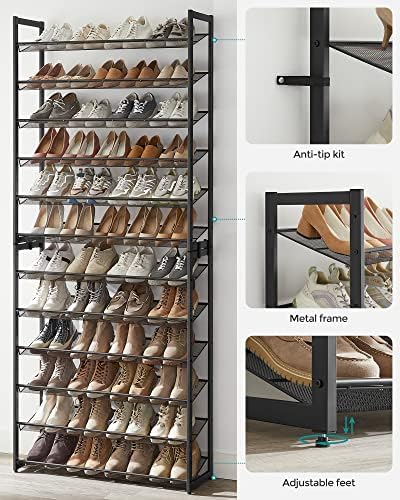 SONGMICS Shoe Rack, 12-Tier Shoe Organizer, Metal Shoe Storage for Garage, Entryway, Set of 2 6-Tier Stackable Shoe Shelf, with Adjustable Flat or Angled Shelves, Holds 48-60 Pairs, Black ULMR12B - Image 5