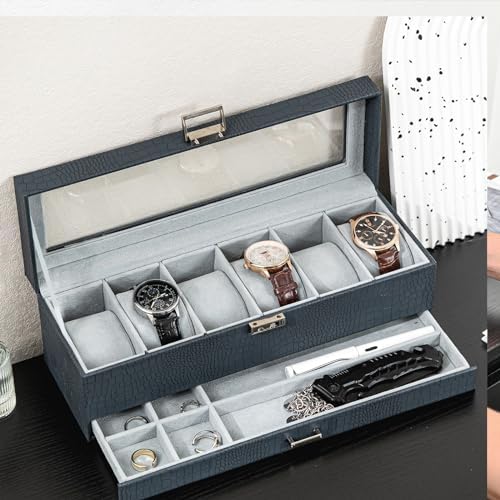 ProCase Watch Box, 6 Slot Watch Display Case with Drawer -CrocCobaltBlue - Image 2