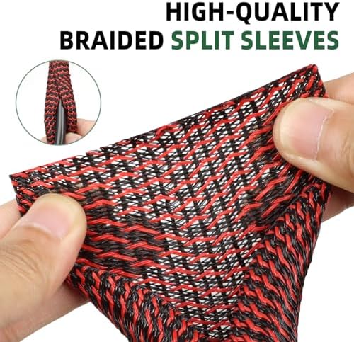 Split Wire Loom Tubing, Cable Protector Sleeve, Braided Cable Management for TV/Computer/Home Theater/Engine Bay, Cord Protectors from Pets No Chew (Red and Black, 3/8"-10ft) - Image 3