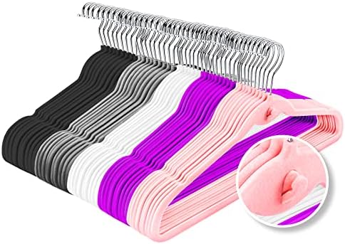 Multi-Color Velvet Hangers 50 Pack with Cascading Hooks, Non-Slip Black, Pink, White, Grey, and Purple Velvet Hangers for Clothes, Suits, and Coats by HozyFrozy