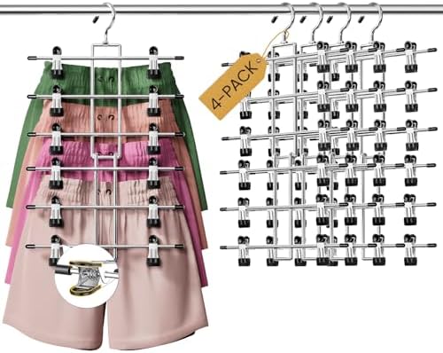 DAMITA Skirt Pants Hangers with Clips Space Saving Hanging Closet Organizer 6 Tiers Hanger with 360° Swivel Hook, Finger-Safe Design- College Dorm Room Apartment Essentials 4-Pack by Damita