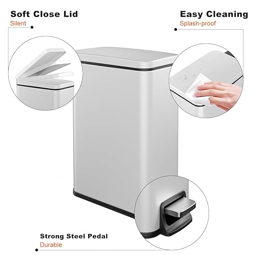 Slim Bathroom Trash Can with Lid Soft Close, 1.6 Gallon Stainless Steel Garbage Can with Removable Inner Bucket, Durable Step Pedal, Small Trash Bins for Toilet, Bedroom, Kitchen, Office