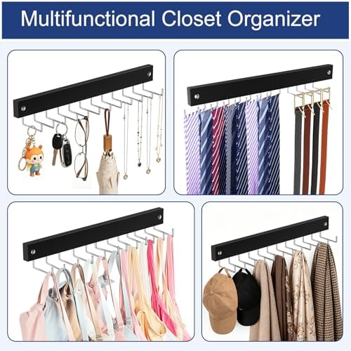 2 Pack Belt Hanger Wall Mount, Large Capacity Tie and Belt Organizer for Wall with 24 180°Rotating Non Slip Hooks, Heavy-Duty Wooden Tie Rack Space Saving Closet Organizers and Storage, Black - Image 5