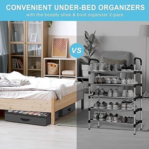 Under Bed Shoe Storage Organizer for Closet, 24 Pairs Sturdy Underbed Shoe Storage Boxes Bins Container Foldable Shoes Storage with Reinforced Handles & Clear Window for College Dorms Grey, Set of 2 - Image 5