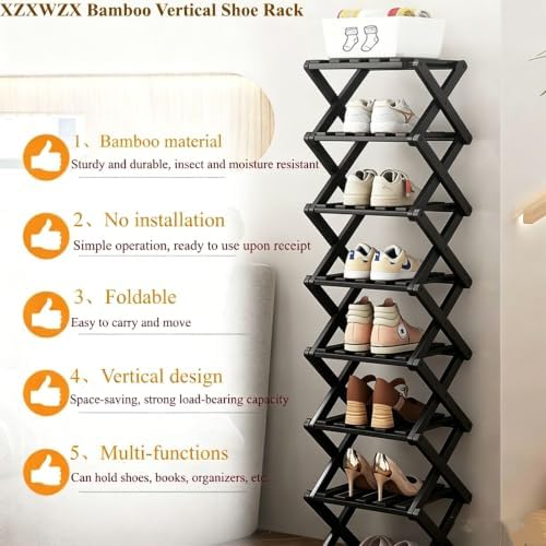 7 Tier Foldable Shoe Rack, Bamboo Vertical Shoe Organizer Tall for Multifunctional Narrow Shoe Shelf for Entryway, Closet, Corner, Bedroom, Hallway(Black) - Image 4