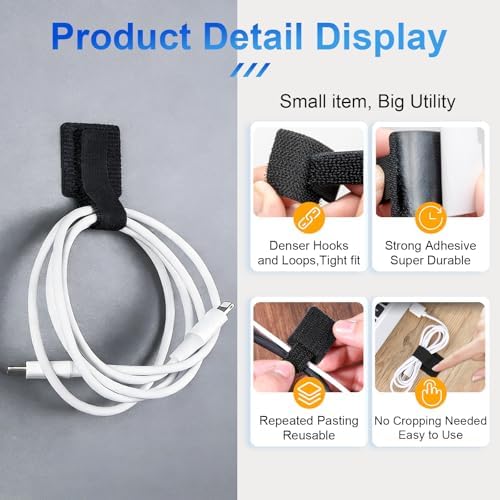 80 PCS Hook and Loop Cable Ties, Self Adhesive Cable Management Straps, Reusable Cord and Wire Organizer Clips for Under Desk, Computer, TV, Gaming Setup, Home Office and Kitchen, Black and Gray - Image 6