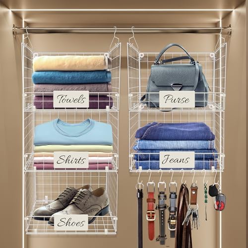 DECOLURE 5-Tier Adjustable Hanging Closet Organizer – Maximize Hanging Storage w/ 4 Hanging Hooks, 8 S Hooks & 5 Name Plates - Sturdy Foldable Wire Storage Hanging Shelves for Clothes, Towels (White) by DECOLURE
