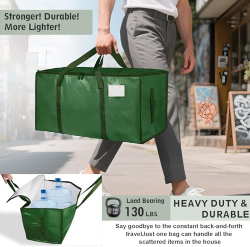 12 Pack-Extra Large Heavy Duty Moving Bags - Waterproof Storage Totes with Handles & Zippers, Foldable for College Dorm, Storage (olive green) - Image 3