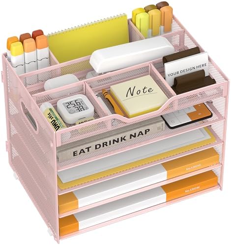 5 Tier Paper Letter Tray Desk Organizer with Pen Holders - Pink by OrgMate