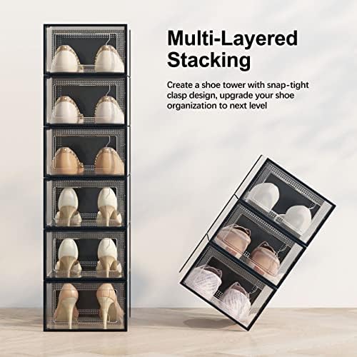 SEE SPRING X-Large Black Modern Plastic Shoe Box, 12 Pack, Clear Front Door, Stackable, Foldable, Ventilated, Fits US Size 11, 13.2''L9.1''W7.3''H Inch, 655.65 Cubic Inches, Already Assembled - Image 4