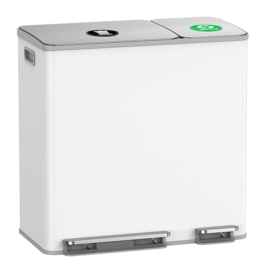 Lovewind Dual Trash and Recycling Bins for Kitchen, 13+6 Gallon Stainless Steel Garbage and Recycle Bin Combo for Large Families, Dual Trash Can with Soft Close Lid & Magnetic Stickers, White