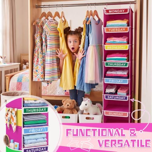 Amylove 2 Pcs 7 Shelf Weekly Clothes Organizer for Kids Hanging Closet Organizer 11. 8 x 11. 8 x 50 Inch Daily Activity Kids Clothes Storage Drawers Cube Drawers Closet Hanging Shelves(Rose Pink) - Image 4