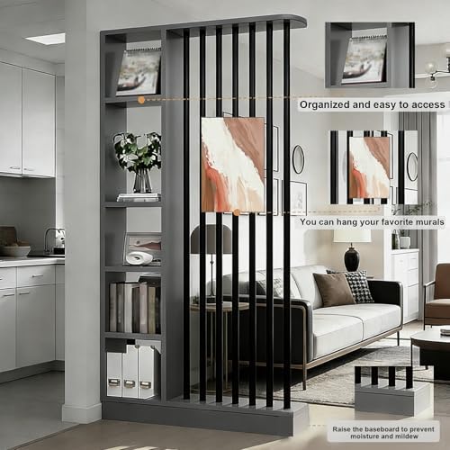 Wall Room Divider with Shelves Freestanding Room Divider with Storage Shelf Entrance Hall Partition Screen Column Floor to Ceiling Screen Column Floor to Ceiling,White+Black,L39 xW9 xH79 - Image 6