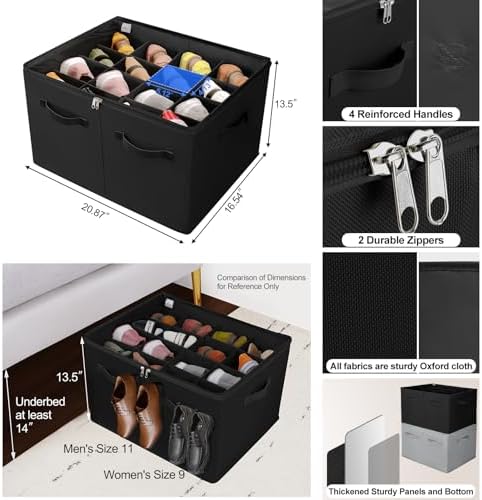 TOPIA HOME Shoe Organizer for Closet, Foldable Shoe Box with Adjustable Dividers and Clear Cover, Space Saving Shoe Storage Organizer Cabinet with Reinforced Handles, Fits 16 Pairs, Black, TP09B - Image 3