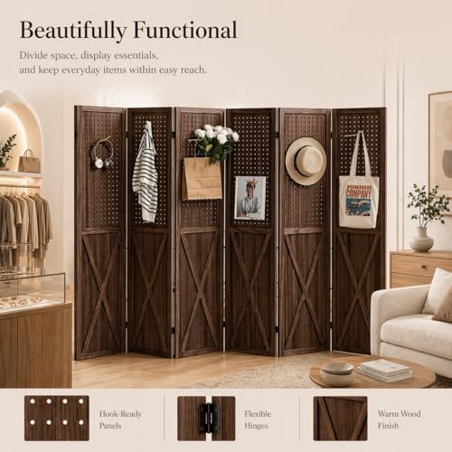 6 Panel Wood Pegboard Room Divider Folding Privacy Screen Brown - Image 3