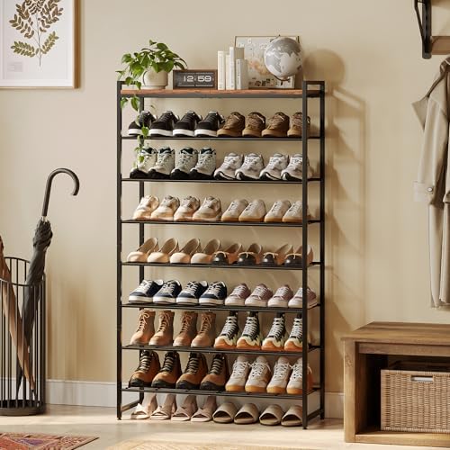 8 Tier Shoe Rack Organizer for 32-40 Pairs, Tall Metal Shoe Storage Shelf with Wood Top, Adjustable Boot Space, Narrow Design for Entryway Closet, Rustic Brown and Black - Image 2