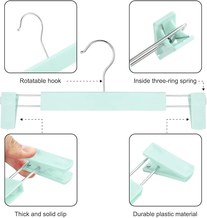GUANJUNE Clothes Pants Hangers, Space-Saving Skirt Holders with 360 ° Swivel Hooks, Adjustable Clips, Trouser Hangers, Clothes Coat Garment Jeans Hangers (10 Pack, Green)
