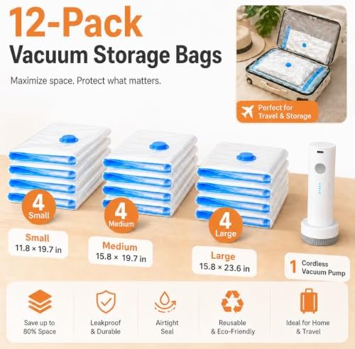 12 Pack Vacuum Bags for Travel with Rechargeable Pump, Save Luggage Space - Image 2