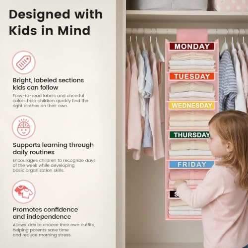 Weekly Clothes Organizer for Kids, 6-Shelf Kid Hanging Closet Organizer w/ 6 Side Pockets, Labeled Weekly Outfit Organizer for Kids, Days of The Week Clothes Organizer Monday Through Friday Pink - Image 3