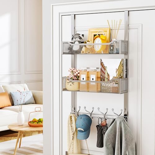 SWTYMIKI Over The Door Hook with 16 Hooks & 2 Mesh Baskets - Heavy Duty Over The Door Organizer Hanger for Towels, Coats, Clothes - Space Saving Hanging Rack for Bathroom, Living Room, Silver - Image 4