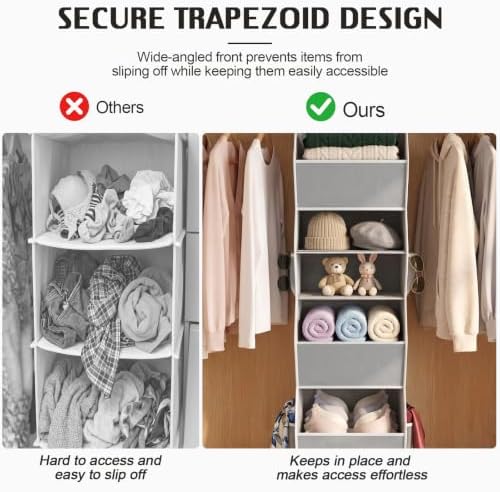 5-Shelf Hanging Closet Organizer, Trapezoid Closet Organizers and Storage with Side Pockets Space-Saving Hanging Clothes Shelves Fabric Storage Bins for Wardrobe Organization, Grey - Image 6