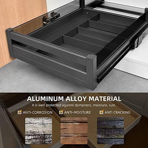 YOHOM Pull Out Cabinet Organizer – 17" W x 21" D Aluminum & Glass Drawer Organizer with Removable Dividers, Heavy Duty Pull Out Shelf for Kitchen Cabinets, Sliding Storage Tray, DIY Single Tier - Image 2