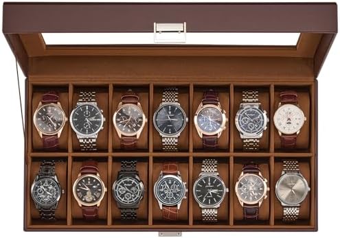 ProCase Watch Case for Men, 14 Slot Mens Watch Box Holder Organizer with Glass Lid, Watch Display Case, Fathers Day Gift for Dad Husband, Birthday Valentine Gifts for Men Women -14 Slot, Espresso by ProCase