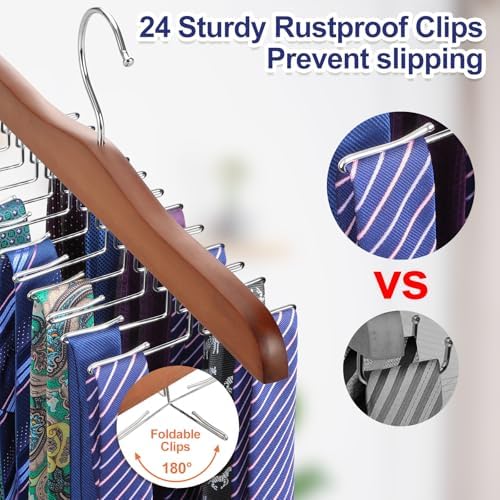 TOPIA HANGER Tie Rack Hanger for Closet 2 Packs, Wooden Tie Organizer for Men with 24 Folding Hooks, Space Saving Necktie Holder for Storage and Display Bra, Tank Top, Camisole (Walnut)-CT14WA-2 - Image 2