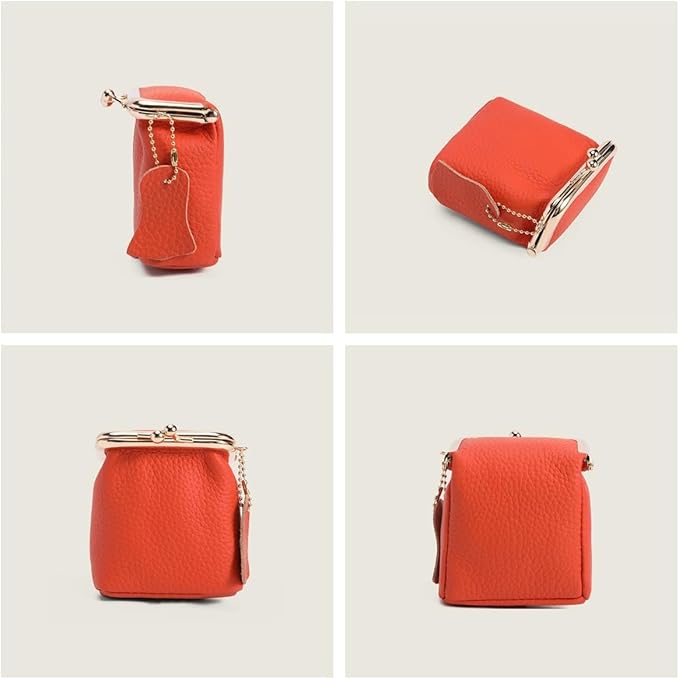 Genuine Leather Mini Jewelry Box & Vintage Wallet for Women - Compact Travel Coin Purse, Lipstick Storage Organizer, Retro Leather Clutch Case (Orange)