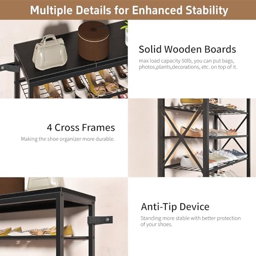 6-Tier Shoe Rack, Metal Shoe Stand with Wooden Top & 4 X Frames, Holds up to 24 Pairs, Sturdy Shoe Shelf for Entryway Closet Garage, Black - Image 4