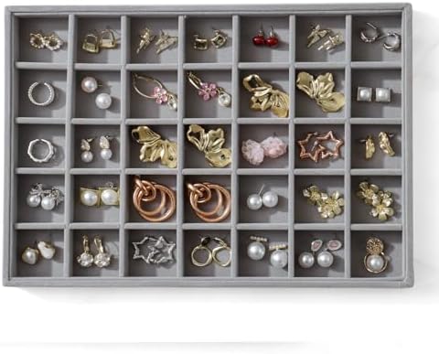 Large Jewelry Organizer for Drawer Insert Velvet Stackable Jewelry Trays for Earring Necklace Bracelet Ring Display (Gray, 35 Grids) by Unknown