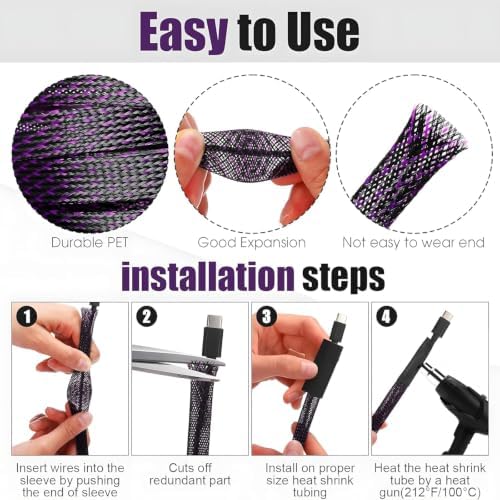 Tatuo 65.6 ft Braided Cable Sleeve Expandable Wire Sheathing (Purple) - Image 3