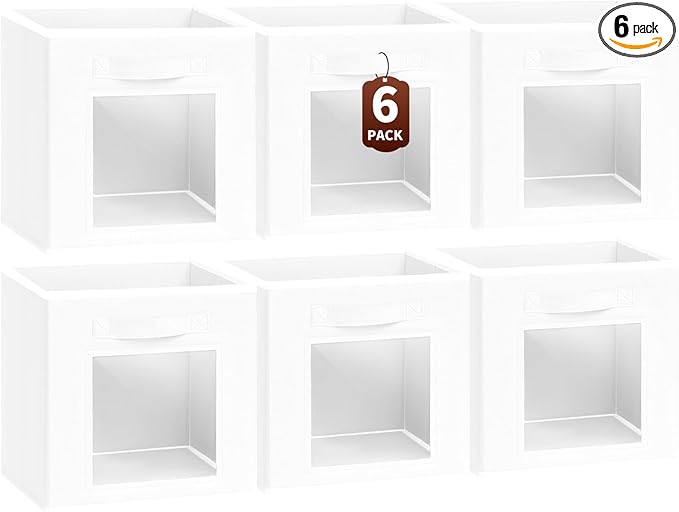 Homsorout Storage Cube 11 Inch - Cube Storage Bins with Window, Closet Storage Baskets with Handle, Fabric Bins for Closet, Shelves, Toys, Clothes, Set of 6, White