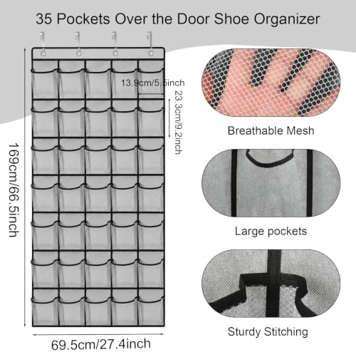 35 Pockets Over The Door Shoe Organizer, Large Breathable Mesh Hanging Shoe Rack with 4 Metal Hooks, Space Saving Gray Over Door Shoe Storage Holder Mesh Bag for Closet Entryway Bedroom Pantry - Image 3