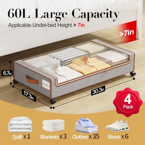 Yecaye 60L Under Bed Storage with Wheels, 4 Pack, Greige - Image 2