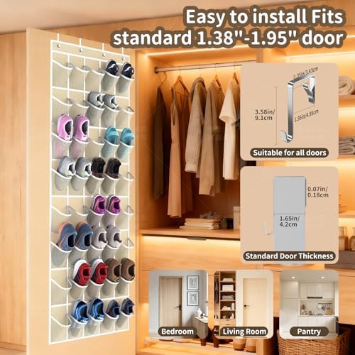 Over the Door Shoe Organizer with 40 Large Pockets, Multi-Purpose Storage for Shoe and Accessories, Durable Fabric with Adjustable Hooks for Home Closet Bedroom Entryway -Beige - Image 6