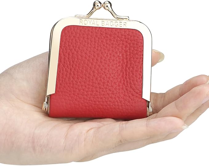 Royal Bagger Genuine Cow Leather Ultra-Slim Mini Jewelry Box, Ring & Necklace Storage, Slim Coin Purse with Kiss Lock for Women 3120 (Milk Tea)